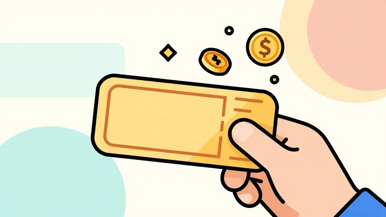 UPA style illustration of a hand holding a discount coupon with floating coins.