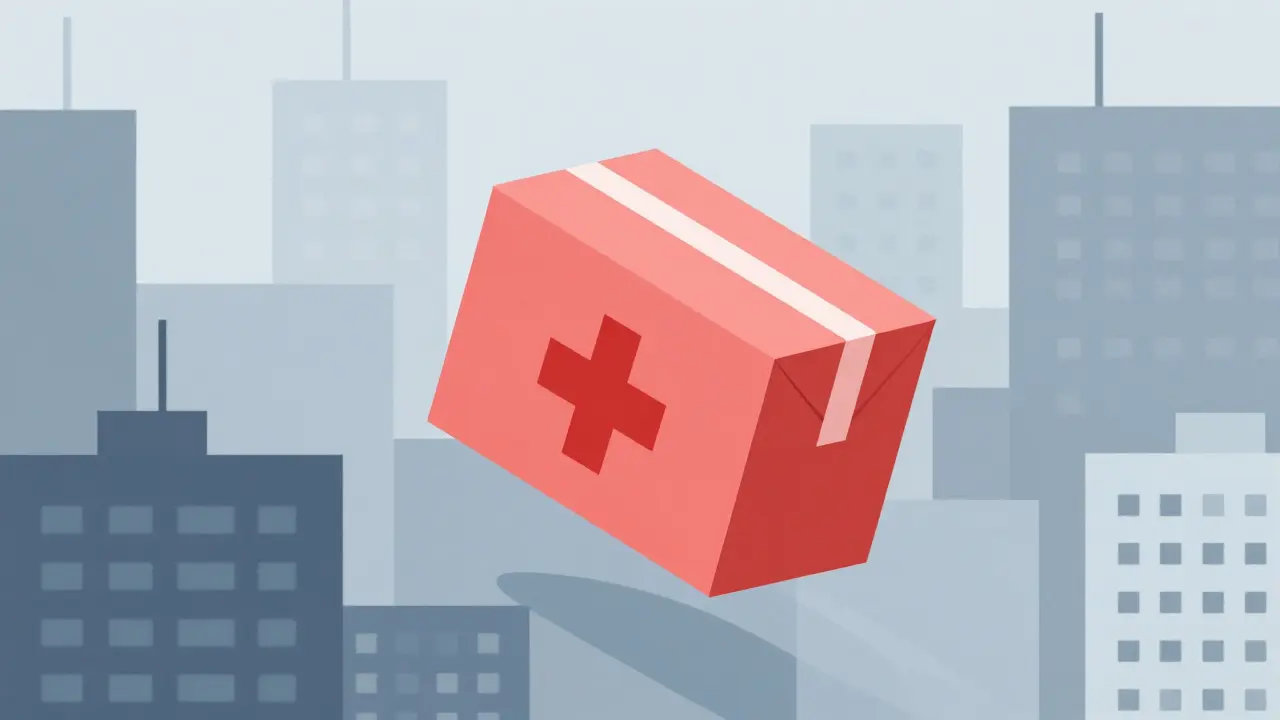 UPA style illustration of a stylized medical package being delivered in a geometric city.