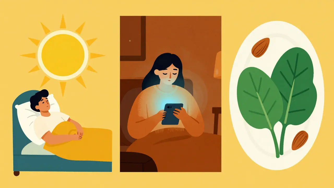 Vignettes showing sunlight, a turned-off screen, and healthy foods for sleep hygiene.